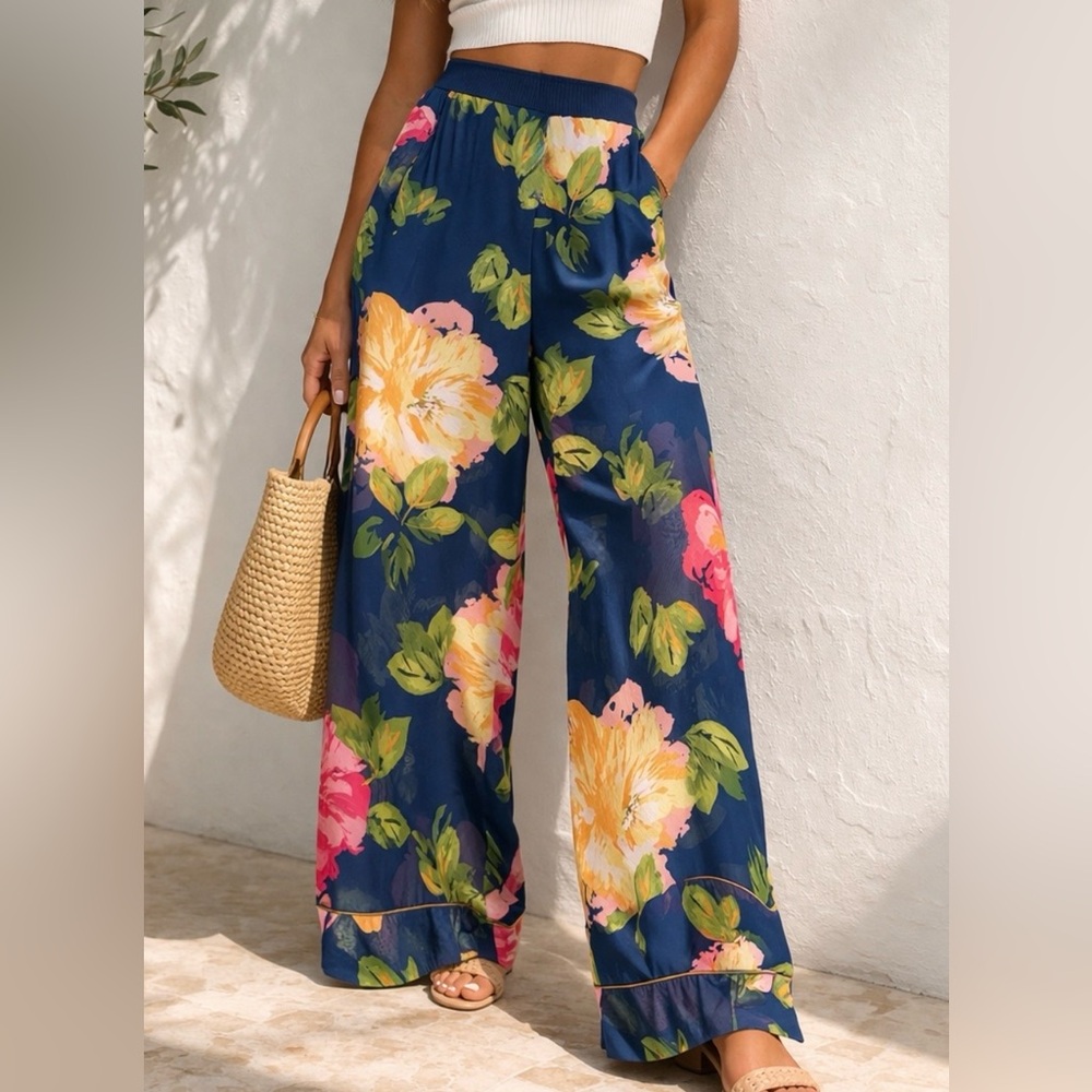 Colleen Lopez Floral Chiffon Wide-Leg Pants – Size Large